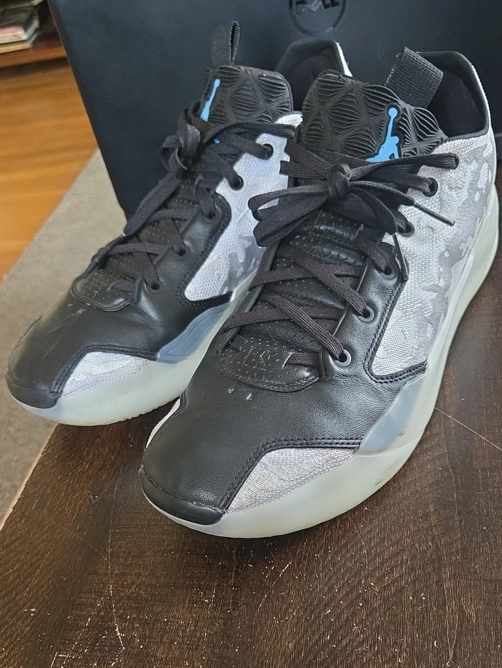 Jordan Mid/Low Black and Grey Athletic Sneakers with Blue Jumpman